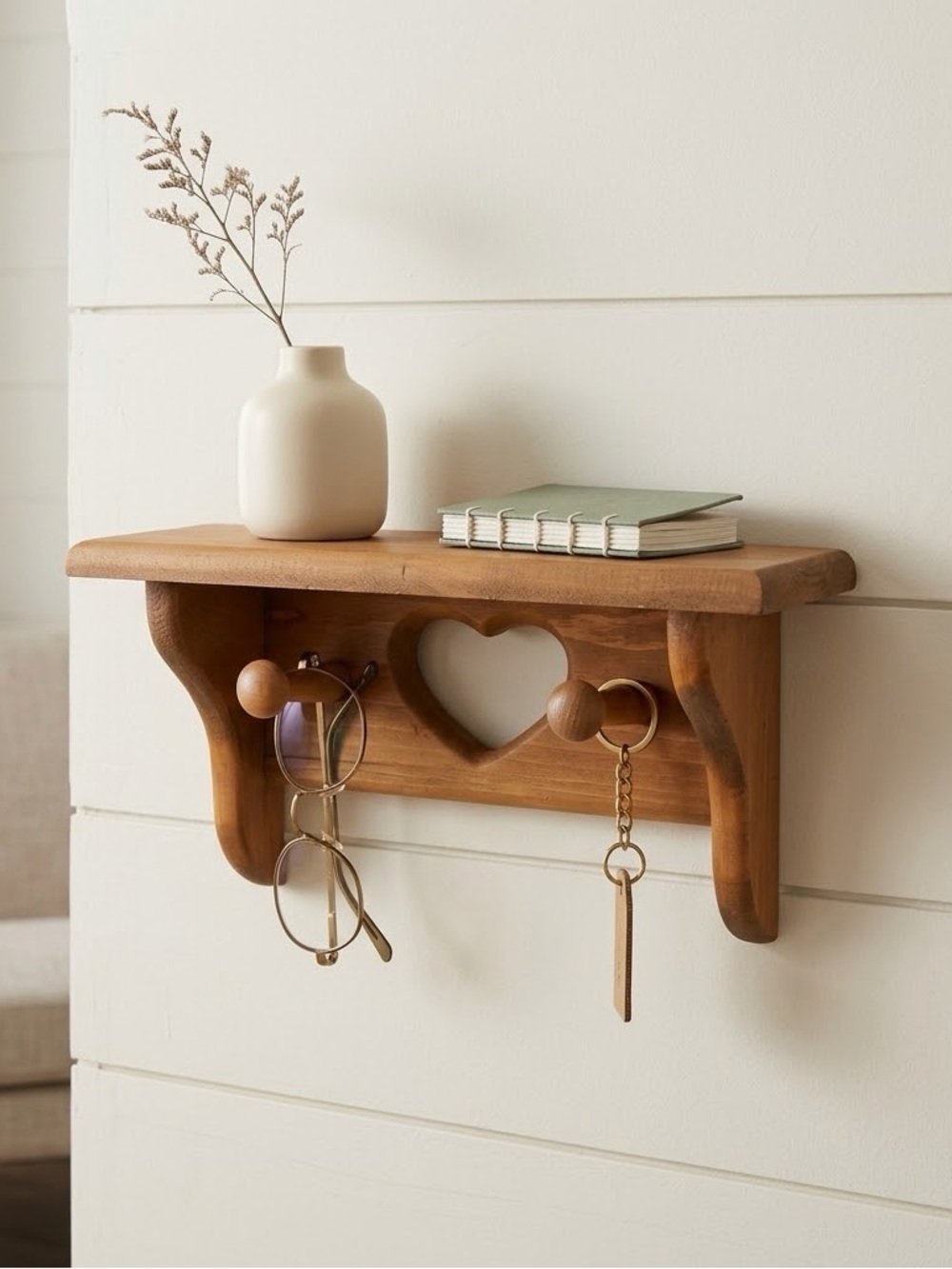 Vintage Wooden Heart Wall Shelf with Shaker Pegs - Natural Brown